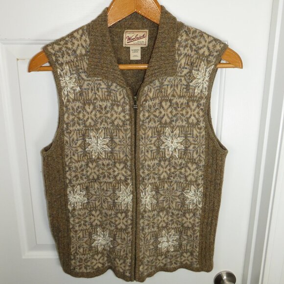 WOOLRICH Womens LG Full Zip Wool Vest Nordic Snowflake in Camel Brown - Picture 1 of 6